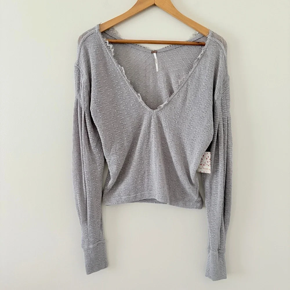 Free People Top Dream Girl Small Storm Grey Boho Pointelle Knit V-Neck Raw Edge